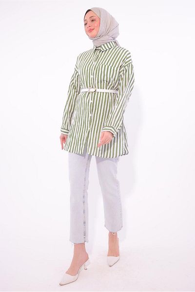 TRENDTESETTÜR Women's Genuine Belted Striped Shirt Tunic - Model T5474