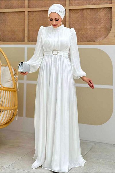 TRENDTESETTÜR Women Ecru Ballon Sleeve Evening Dress t 3107