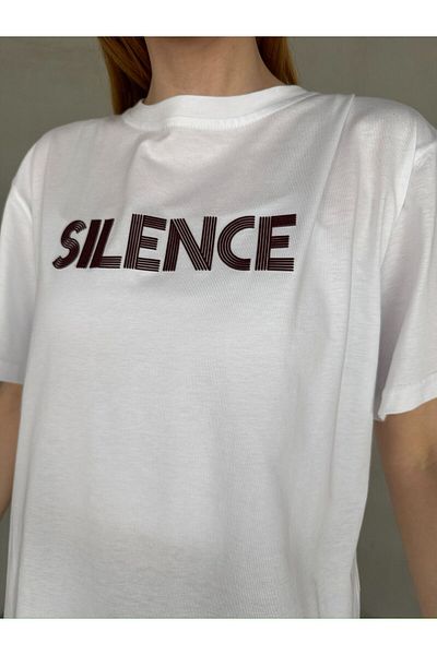 Cappmoda T-922 Λευκό Claret Red Silence Text Εκτυπωμένο casual βαμβακερό μπλουζάκι