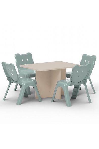 Mahmayi Modern Wooden Child Desk with 4 Plastic Chair - Sand Beige