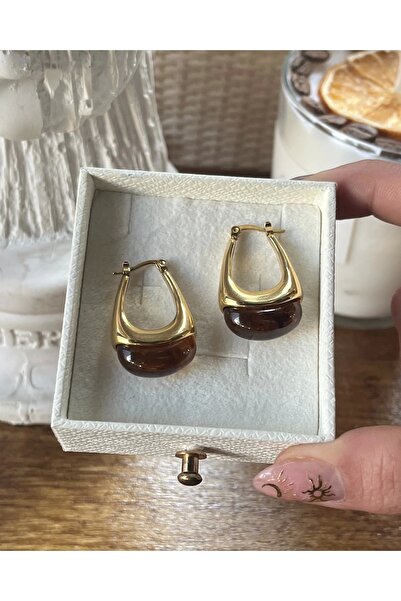 Vintagezegeni Kahverengi Akik Taşlı Vintage Küpe