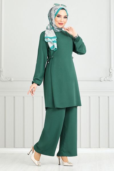 ModaMerve Emerald Green Side Laced Hijab Suit 3004Bm1076-M