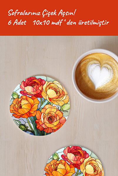 Home Elegant Floral Stained Glass Patterned 6-Piece Mdf Coasters