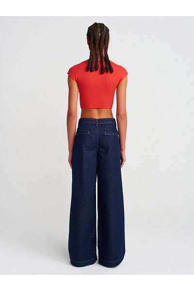 Dilvin 71802 Pleated Wide Denim Trousers-Navy Blue