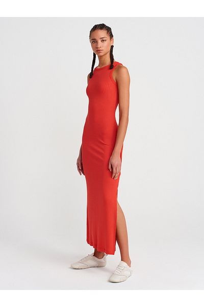 Dilvin 91381 Slit Detailed Midi Dress-Red