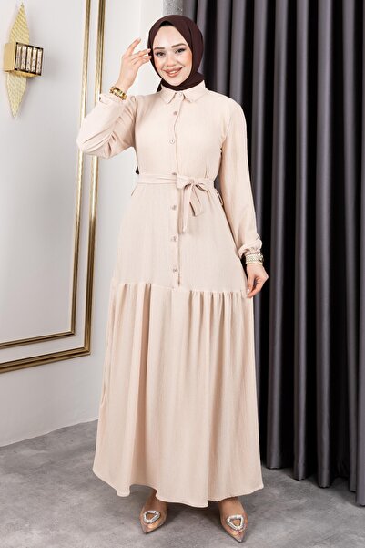 Sfg Life Moda Γυναικείο φόρεμα από ύφασμα με ζώνη στη μέση, γιακά πουκάμισου και κουμπιά στο μπροστινό μέρος