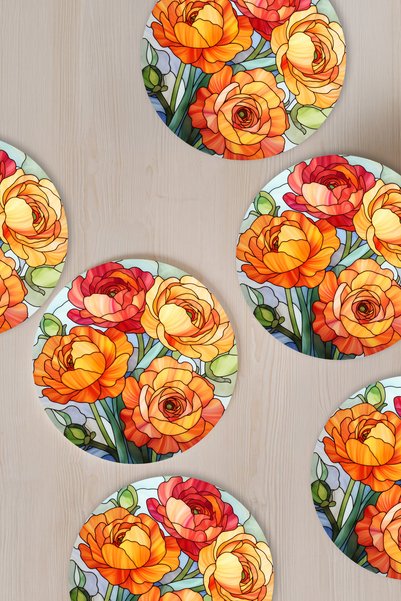 Home Elegant Floral Stained Glass Patterned 6-Piece Mdf Coasters