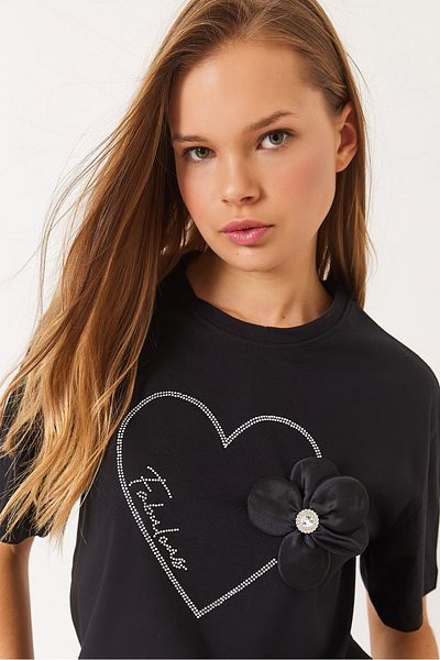 Bianco Lucci Women's Heart Stone Printed Crew Neck Cotton T-Shirt with Floral Accessories 60283098