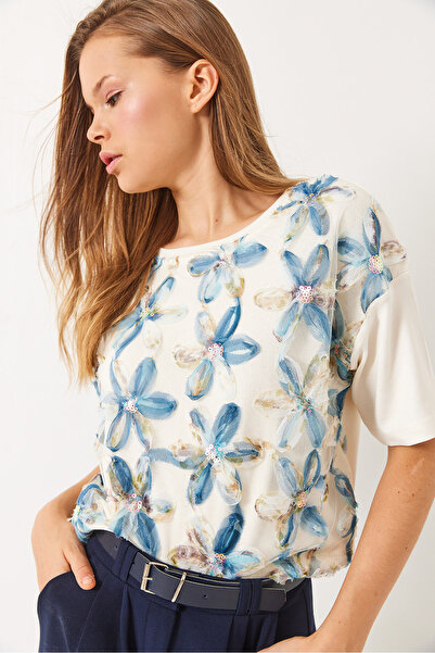 Bianco Lucci Γυναικείο μπλουζάκι με λαιμόκοψη από τούλι λουλουδάτο κοντομάνικο 60284022