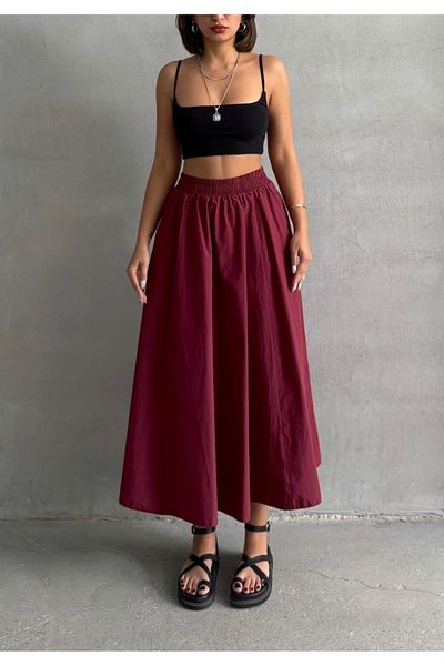 BEJNA Burgunderroter, gewebter, ausgestellter Rock mit elastischer Taille für Damen