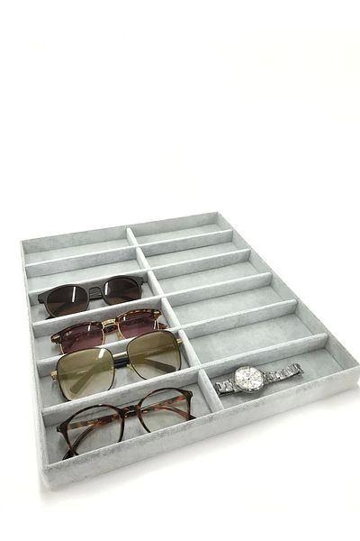 MeGass Dekor Domestic Production Havana Model Suede Fabric Gray Color 38 Cm / 36 Cm Glasses Display Drawer Stand