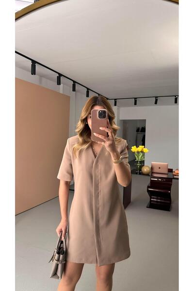 Sezgi Tekin Buttoned Short Sleeve Mink Dress