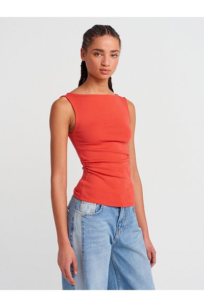 Dilvin 31589 Gathered Boat Neck Top-Red