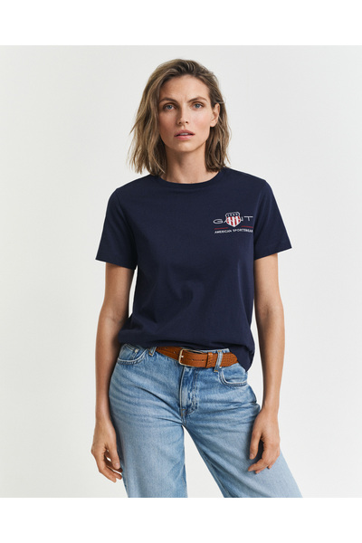 Gant Kadın Lacivert Regular Fit Bisiklet Yaka Logolu T-Shirt