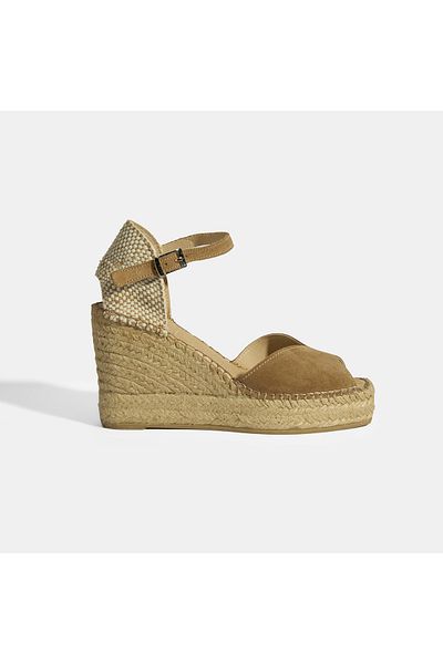 Desa Beige Women's Buckle Detailed Wedge Heeled Suede Espadrille