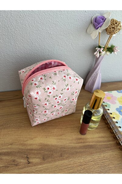 minyaturhayalim Somon pembe çiçekli mini makyaj ve ped çantası astarlıdır yık...