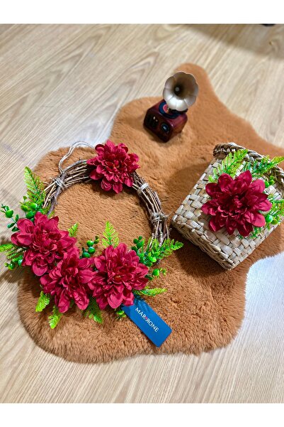 Marrone Kırmızı Bahar Dalları Kapı Süsü ve Sepet Takımı Hasır Sepet