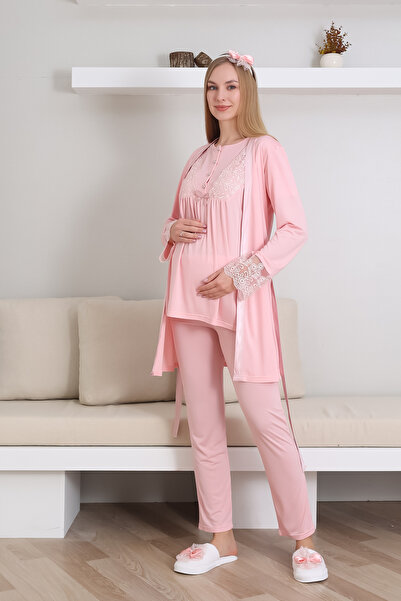 ERDENİZ TEKSTİL Kısa Kol Bisiklet Yaka Hamile & Lohusa Pijama Takımı / 3 Parça Pijama ve Sabahlıklı Hamile Giyim