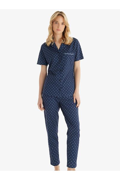 Blackspade Women's Short Sleeve Front Buttoned Navy Blue Pajama Set C9T3N8O15