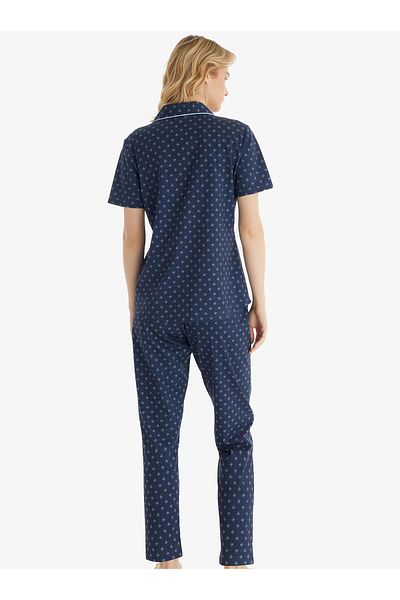 Blackspade Women's Short Sleeve Front Buttoned Navy Blue Pajama Set C9T3N8O15