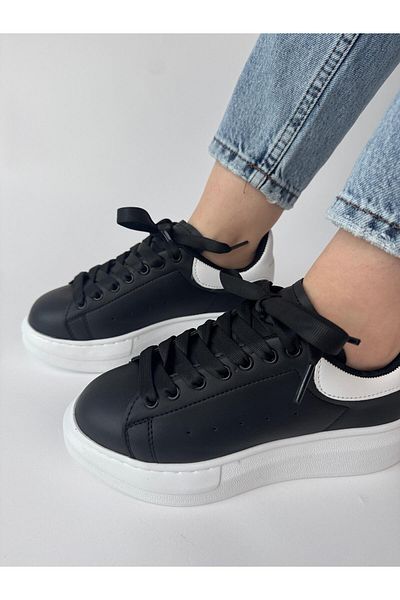 Cappmoda AYK-1017 Snekaer echivalent cu talpă înaltă din piele artificială alb-negru