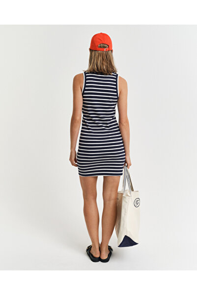 Gant Kadın Lacivert Slim Fit Bisiklet Yaka Çizgili Elbise
