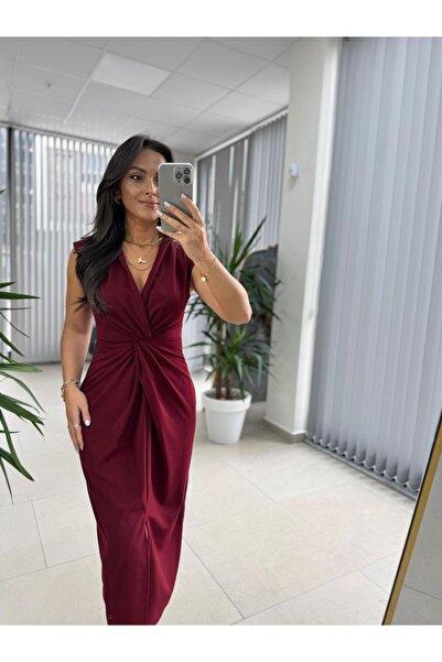 caddstore My 3698 Düğüm Detaylı Bordo Kalem Elbise