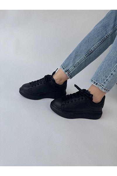 Cappmoda AYK-1017 Snekaer negru cu talpă înaltă din piele artificială