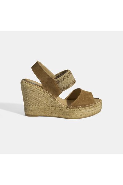 Desa Beige Women's Rubber Banded Slingback Wedge Heeled Suede Espadrille