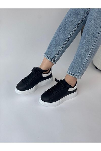 Cappmoda AYK-1017 Snekaer echivalent cu talpă înaltă din piele artificială alb-negru