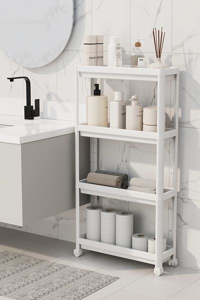 Omaş Household Product Ορθογώνια μονάδα ραφιών 4 επιπέδων με ρόδες Λευκό ράφι οργάνωσης κουζίνας μπάνιου