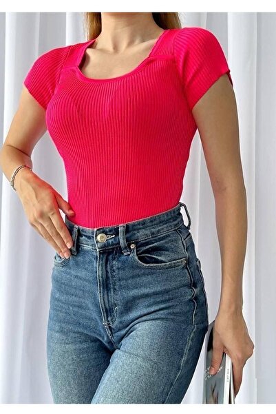 bayansepeti Women's Fuchsia Stretchy Knitwear Fabric Short Sleeve Blouse 0303