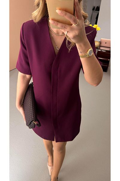 Sezgi Tekin Buttoned Short Sleeve Plum Dress