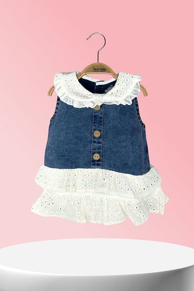 Baby s Breath Flower Baby Girl Dress with Lace Collar Pleated Denim Vest 6-9-12-18 Months Baby Girl Outfits