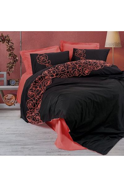 Cotton Box Lenjerie de pat dublu cu broderie cu trandafiri, Cotton Box, Rosen Coral