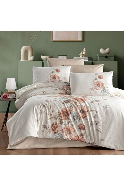 First Choice 100% cotton bed linen ranforce, 6 pieces, First Choice, Benedic, cappuccino with flowers