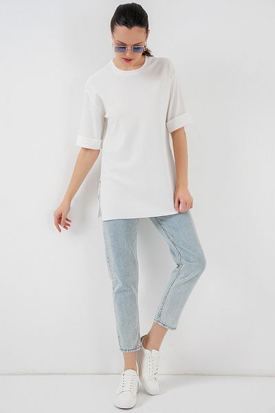 Bigdart 4332 Πλεκτό T-Shirt με σκισίματα στο πλάι - Λευκό