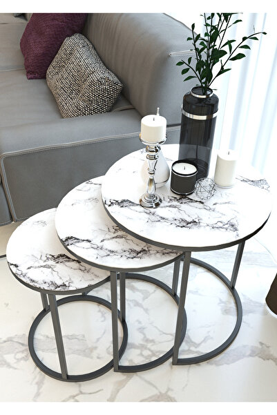 zmr dekorasyon C ZİGON SEHPA  METAL SİYAH ELEKTROSTATİK BOYA TEMPERLİ CAM KIRILMAZ BEYAZ MERMER