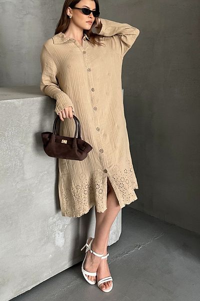 AYASOFYA OTANTIK Rochie tunică din muselină din bumbac 100% cu mânecă lungă, cu guler de cămașă, cu dantelă brodată