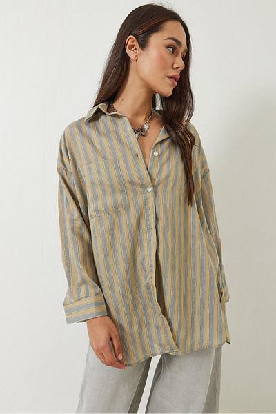 Bianco Lucci Cămașă oversize cu dungi cu un singur buzunar pentru femei 8368 60283103