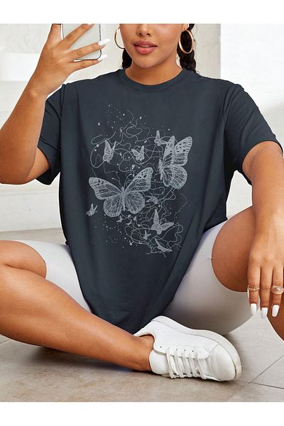 JANSO GROUP - Women's Plus Size Butterfly Printed Short Sleeve Tshir Oversize Cotton Fabric