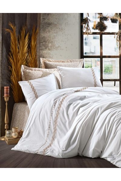 Cotton Box Embroidered double bed linen, 100% cotton, Cotton Box, Ines Beige