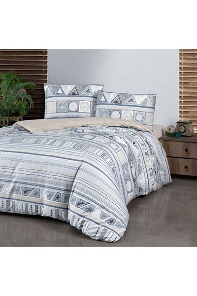 First Choice Lenjerie pat imprimeu geometric, bumbac 100% ranforce, 4 piese, cearsaf pat cu elastic, Bohem Bleu