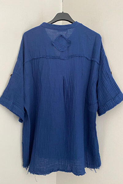 AYASOFYA OTANTIK Жіноча темно-синя сорочка з коміром-стійкою, мереживною обробкою та коротким рукавом, що складається, 100% бавовна