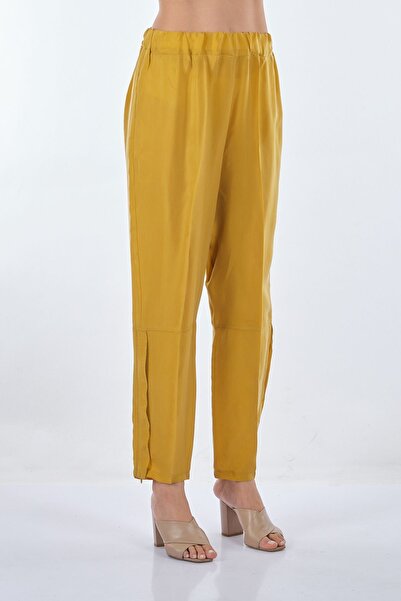 MissWhence Narrow Leg High Waist Elastic Yellow Women's Trousers22131103