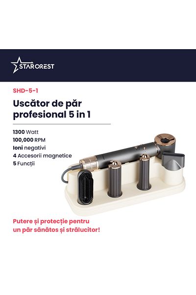 STARCREST Uscator de par profesional STARCREST SHD-5-1, 1300 W, 4 Accesorii incluse, 3 Trepte de viteza