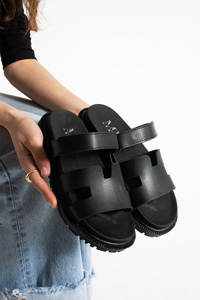 Moda Devrin Black Skin Velcro Anatomical Comfortable Sole Women's Slippers