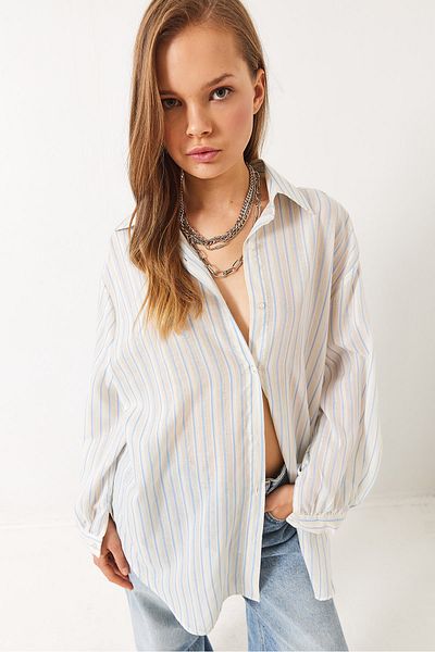 Bianco Lucci Cămașă oversize din bumbac cu dungi strălucitoare pentru femei 34416 60283102