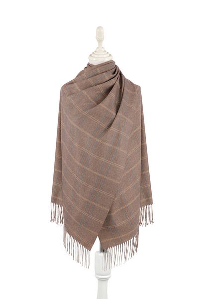 Bursa İpek Brown Plaid Pattern Winter Shawl