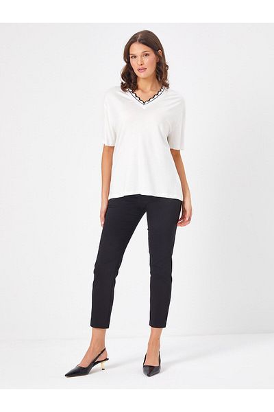 Faik Sönmez V-Neck Large Size Collar Detailed Ecru Women's T-Shirt U68180